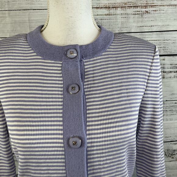 St. John Cardigan Sweater Jacket sz Small Cornflower Blue Lilac Striped Career - Picture 3 of 10